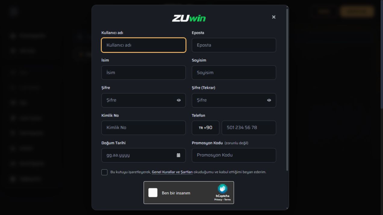 Zuwin kayıt formunda kullanıcı adı, e-posta, kimlik ve telefon alanları