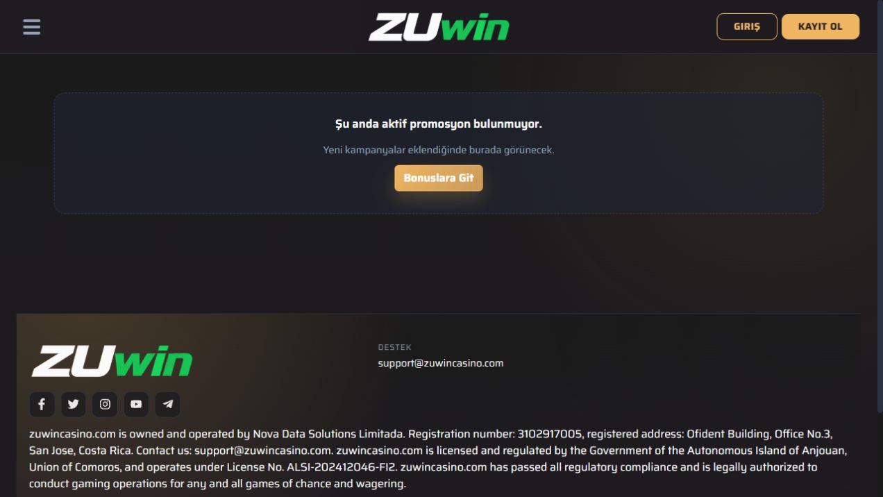 Zuwin promosyon sayfasında aktif promosyon bulunmuyor mesajı